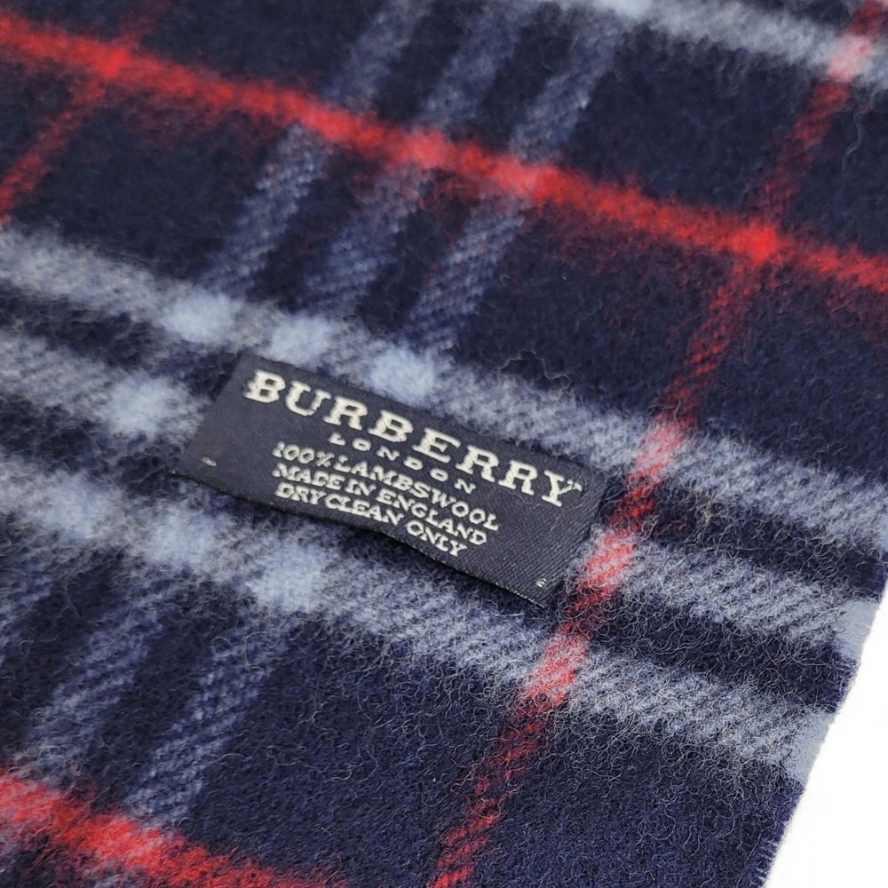 Burberry Lambswool Fringed Scarf Navy Blue Check Plaid - Picture 2 of 3